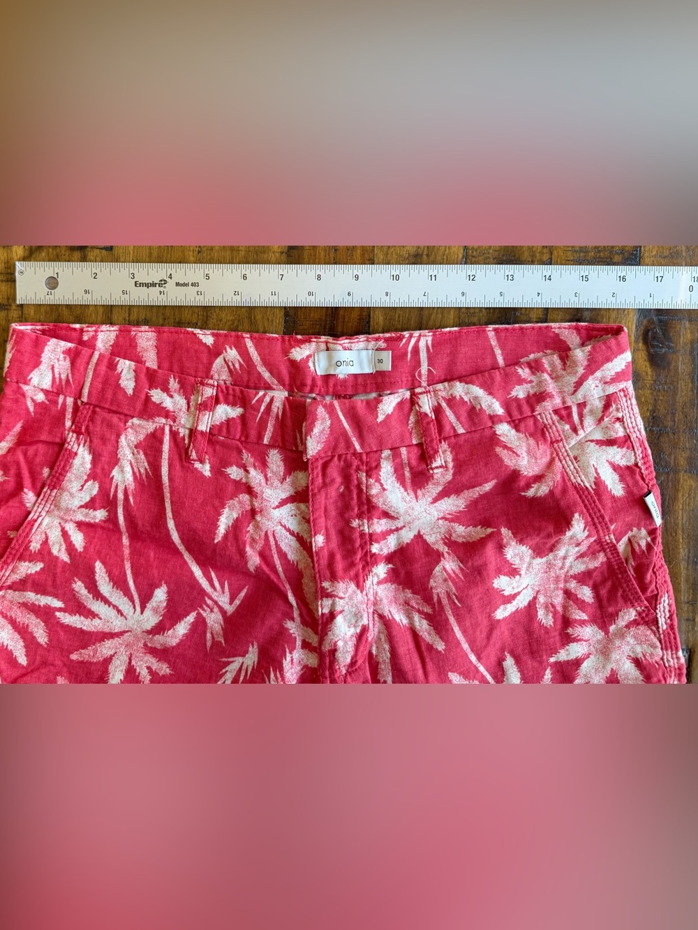 Onia Linen Blend Chambray Palm Print Austin Shorts | Size 30 - Picture 3 of 12